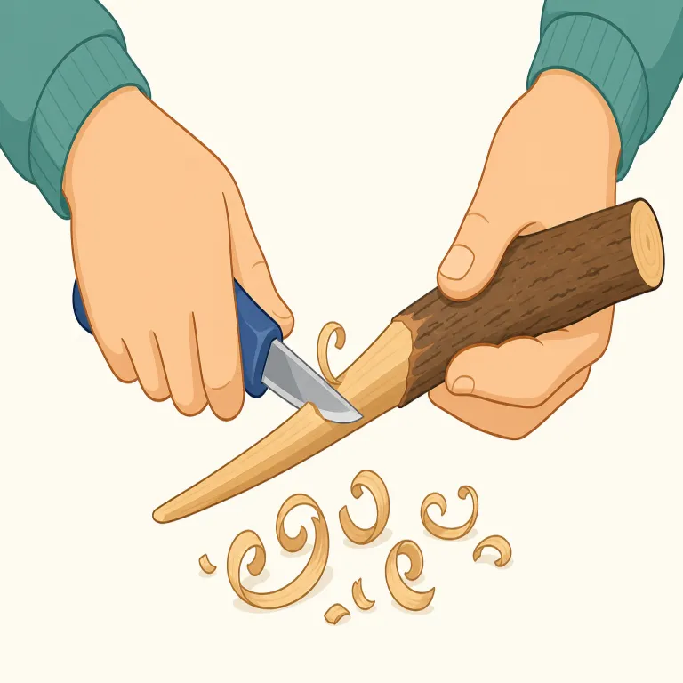 whittling（木を削ること、少しずつ減らすこと・名詞）の覚え方イラスト — whittle は、wood を carve する中でも「小刀で little by little 削る」場面を結びつけると残りやすい語