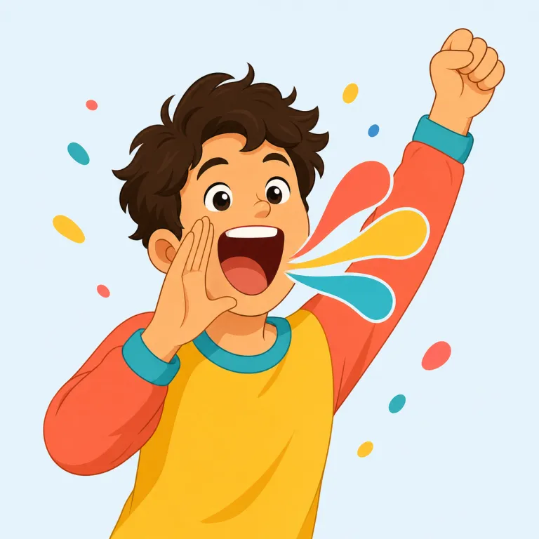 whoop（歓声を上げる・動詞）の覚え方イラスト — "Woo!" と勢いよく一発上がる声を思い浮かべると覚えやすい語です