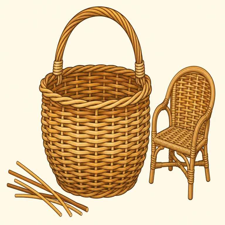 wicker（枝編み細工品・名詞）の覚え方イラスト — wicker は単独で暗記するより、wicker basket / wicker chair / wicker furniture のまとまりで覚えると定着しやすい語です