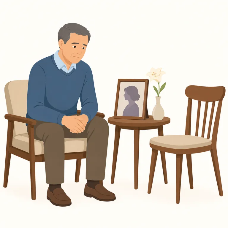widower（やもめ・名詞）の覚え方イラスト — widow が「夫を亡くした女性」なら、widower はそこに -er がついて「その立場の男性」と対で覚えると区別しやすいです