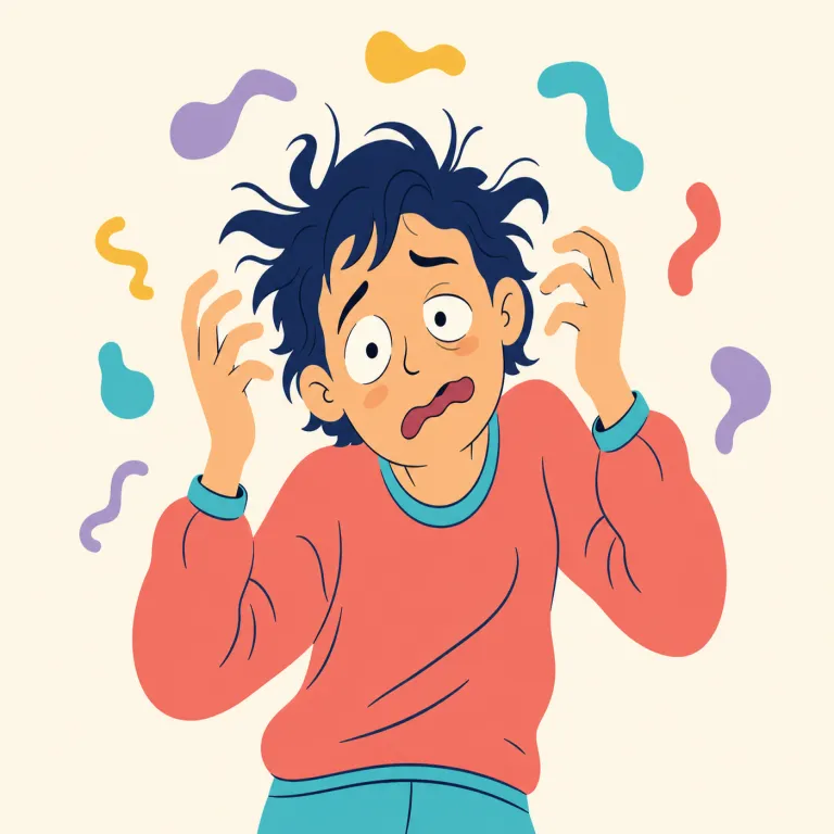 wiggy（変な、取り乱した・形容詞）の覚え方イラスト — まず口語表現だと押さえると覚えやすい語です