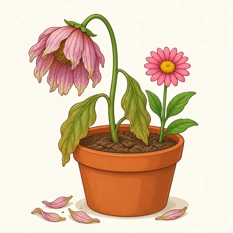 wilting（しおれる・動詞）の覚え方イラスト — wilt はまず「植物が元気をなくして垂れる」場面で覚えると定着しやすいです