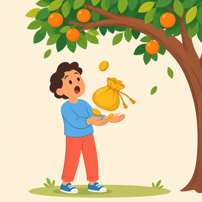 windfall（棚ぼた・名詞）の覚え方イラスト — まず fall に「落ちる」が見えれば、windfall は「どこかから自分の手元に落ちてくる得」の感覚で覚えやすい語です