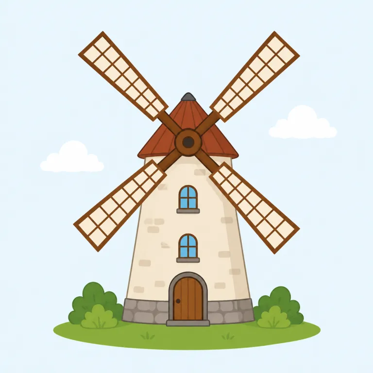 windmill（風車・名詞）の覚え方イラスト — windmill は wind「風」+ mill「粉をひく機械」からできた語ですが、この語義ではまず風を受けて大きな羽根が回る風車の姿を思い浮かべます