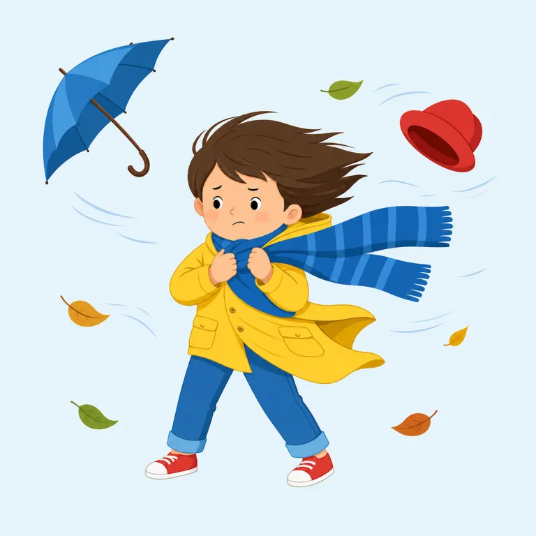 windy（風が強い・形容詞）の覚え方イラスト — windy はまず基本語 wind（風）をそのまま見抜ければ覚えやすいです
