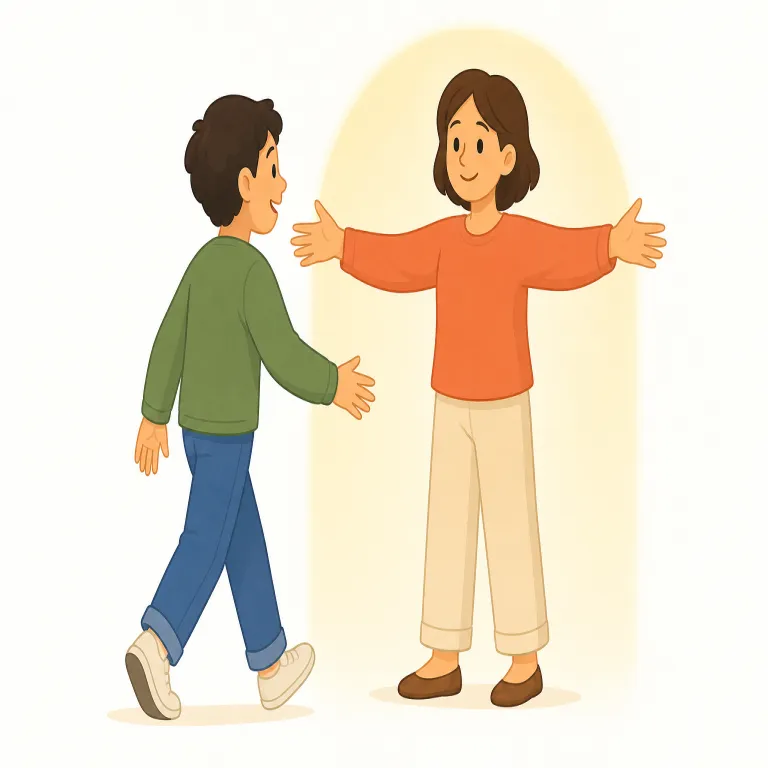 with open arms（歓迎して・イディオム）の覚え方イラスト — まずは直訳イメージで固定すると覚えやすい表現です