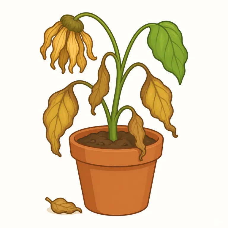 wither（枯れる・動詞）の覚え方イラスト — このエントリでは wither を「枯れる」、つまり植物などが乾いて生命力を失い、回復しにくい状態になる意味として覚えます