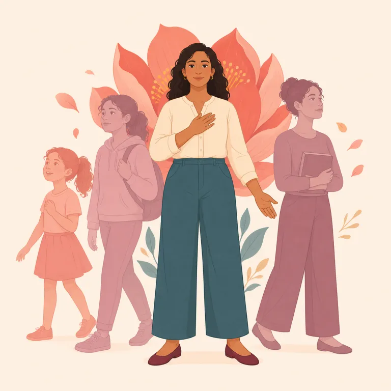 womanhood（女性であること、女性らしさ、成人女性としてのあり方・名詞）の覚え方イラスト — woman そのものではなく、childhood / manhood と同じく -hood が付くと「その時期・状態・あり方」になる、と…