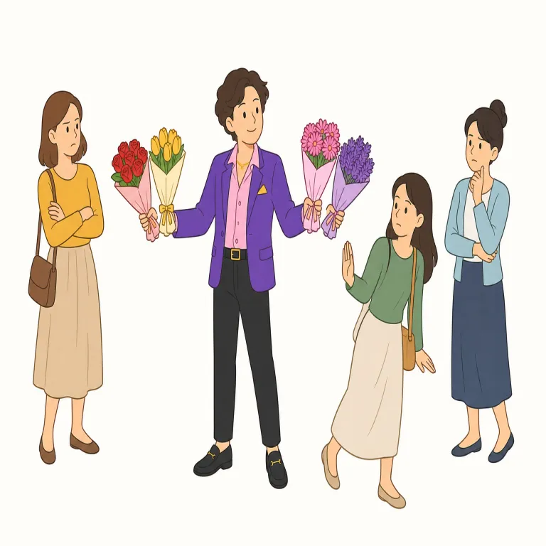 womanizing（女遊び・名詞）の覚え方イラスト — womanizing は woman が見えているので、まず「女性が次々と関わる話」と捉えると覚えやすいです