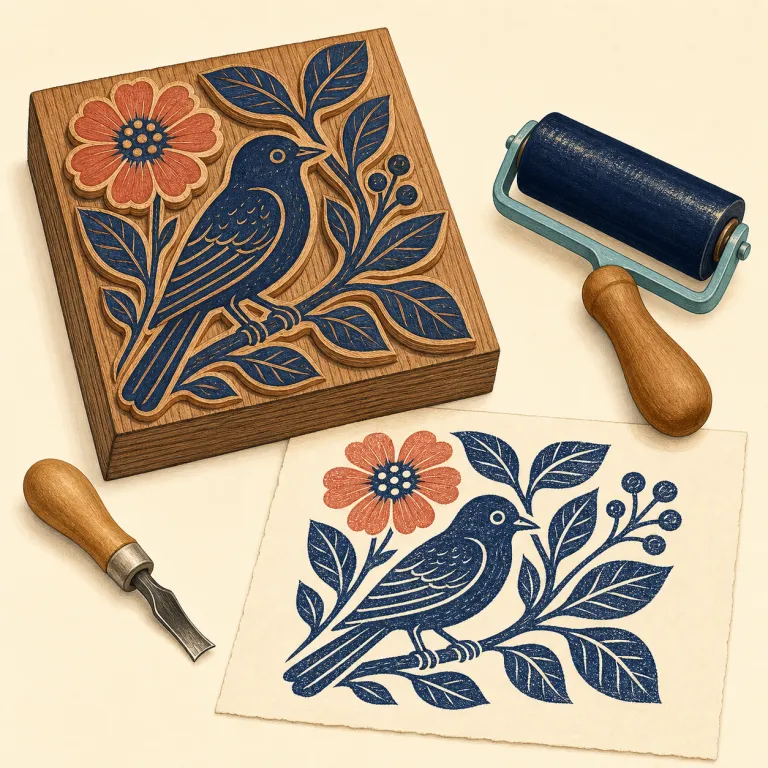 woodcut（木版画・名詞）の覚え方イラスト — woodcut は wood「木」と cut「彫る・切る」をそのまま結びつけると覚えやすい語です