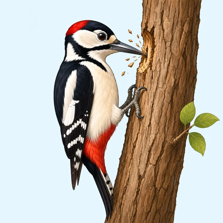 woodpecker（キツツキ・名詞）の覚え方イラスト — `wood` は「木」、`peck` は「くちばしでつつく」