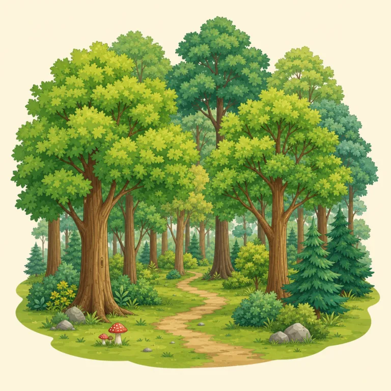 woods（森・名詞）の覚え方イラスト — wood は「木材」だけでなく「林」を表し、その複数形 the woods で「木々の多い森」と覚えるとよいでしょう