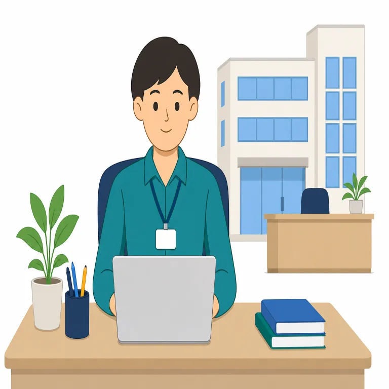 work for（～に勤める・句動詞）の覚え方イラスト — `work for` の「〜に勤める」は、働く相手や雇用主を `for` の後ろに置く使い方です