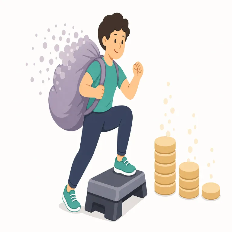work off（（運動・労働などで）徐々に解消する、働いて返済する・句動詞）の覚え方イラスト — work は「労力をかける」、off は「離してなくす」