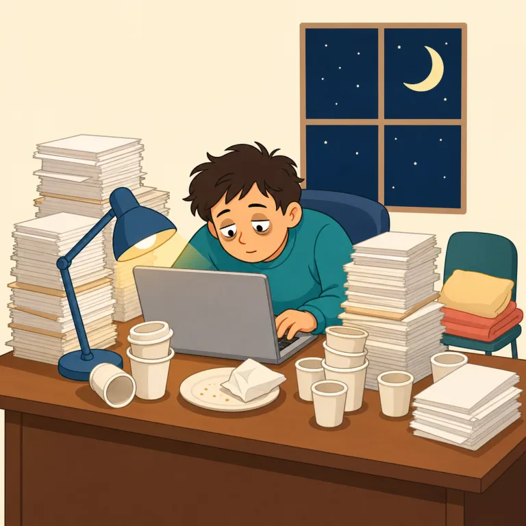 workaholic（仕事中毒者・名詞）の覚え方イラスト — alcoholic（アルコール依存症の人）の -aholic を work に付けた造語で、「酒の代わりに仕事に依存している人」というイメージ