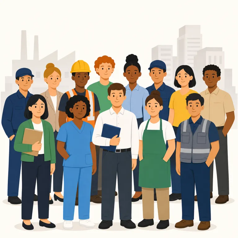 workforce（労働力・名詞）の覚え方イラスト — この「労働力」は、会社の全従業員という基本義とは別に、経済や地域社会の文脈で「働ける人々の集まり・労働資源」を指す用法として覚える