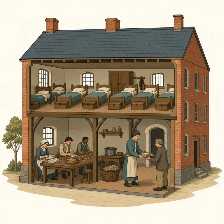 workhouse（救貧院・名詞）の覚え方イラスト — work と house を見たら、単なる「職場」ではなく「住まわせて働かせる場所」とまとめて覚える