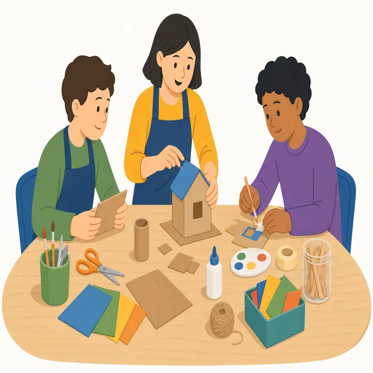 workshop（工房、作業場・名詞）の覚え方イラスト — work と shop の2語が見えれば、「ただ話を聞く場」ではなく、手を動かして取り組む場だと覚えやすいです