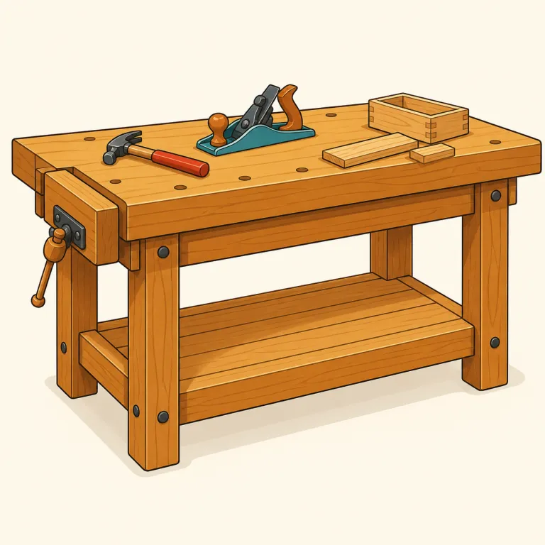 worktable（作業台・名詞）の覚え方イラスト — work「作業」＋table「台」なので、食卓ではなく、道具や材料を広げて仕事をする台を思い浮かべると覚えやすい語です