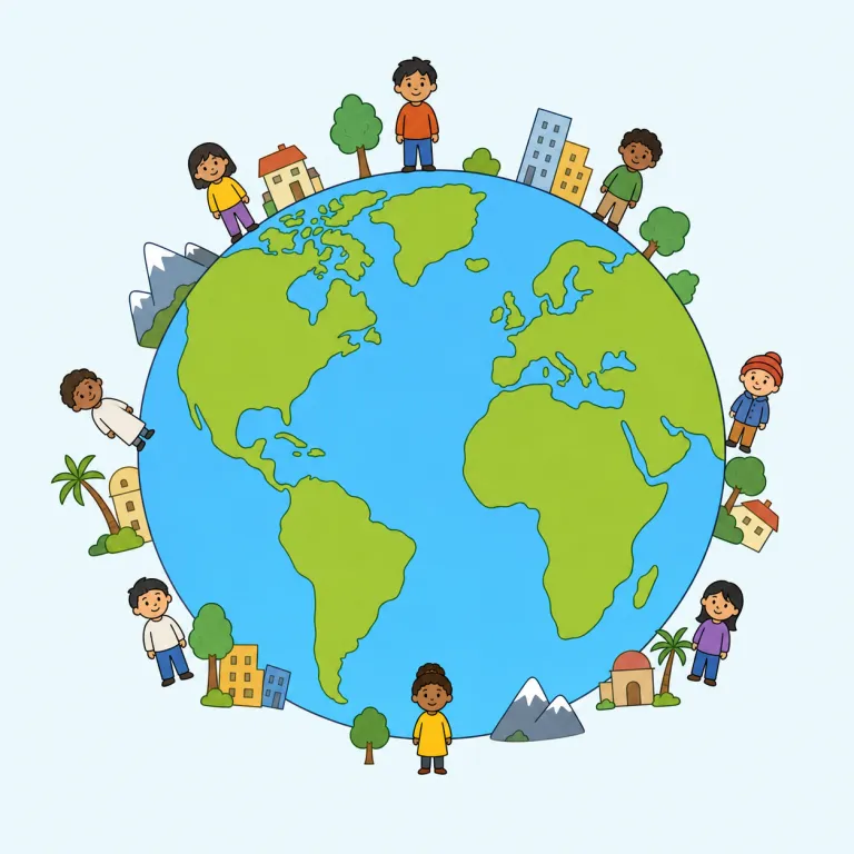 world（世界・名詞）の覚え方イラスト — この world は「世の中」という抽象的な社会ではなく、地球上の国・地域・人々をひとまとまりに見た「世界」を表す用法です