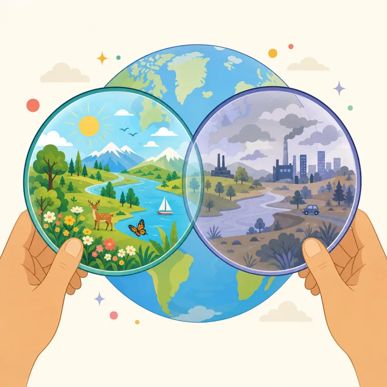 worldview（世界観・名詞）の覚え方イラスト — world（世界）＋ view（見方）の素直な複合語で、「世界の見方＝世界観」