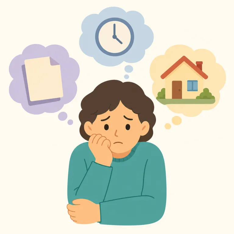 worry（心配する・動詞）の覚え方イラスト — 動詞では「心が同じ場所をぐるぐる回る」感覚で覚えると自然です