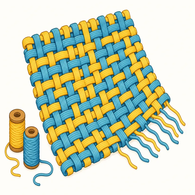 woven（織られた・形容詞）の覚え方イラスト — woven は weave-wove-woven の過去分詞で、「織られた」と覚えます