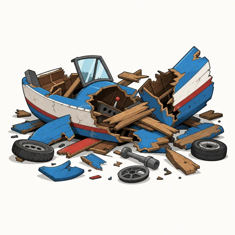 wreckage（残骸・名詞）の覚え方イラスト — wreckage は wreck「壊す、難破させる」から、ひどく壊れた後に残った物を指す名詞として覚えます