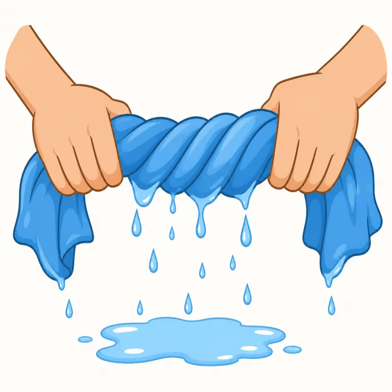wring（絞る・動詞）の覚え方イラスト — squeeze が単に「押してしぼる」なのに対し、wring は「ねじりながら絞る」が核