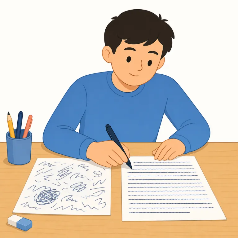 write out（全部書き出す、清書する・句動詞）の覚え方イラスト — write は「書く」、out は「外に出し切る」と考えると、頭の中の要点だけでなく内容を全部見える形にする感覚で覚えやすいです