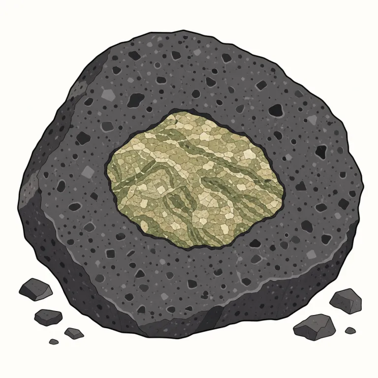 xenolith（捕獲岩・名詞）の覚え方イラスト — xeno- は xenophobia でも見る「外から来た・異質な」、-lith は monolith などの「石」