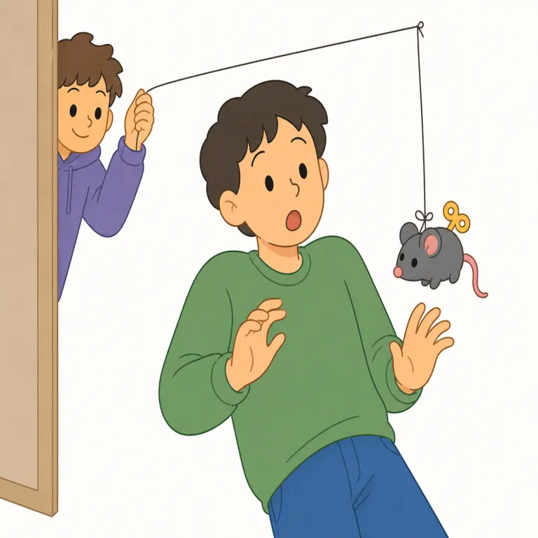 yank someone's chain（からかう・イディオム）の覚え方イラスト — まず yank を「ぐいっと引っ張る」、chain を「鎖」として絵で覚えると残りやすい表現です
