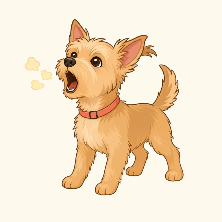 yap（甲高くほえる・名詞）の覚え方イラスト — yap は犬の鳴き声をまねた擬音的な語で、特に小型犬の甲高く連続するほえ方に使う