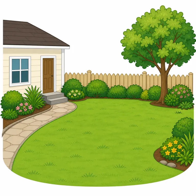 yard（庭、構内、ヤード（長さの単位）・名詞）の覚え方イラスト — まず front yard / back yard をセットで覚えると、「家の前後にある囲われた屋外スペース」という核がつかめます