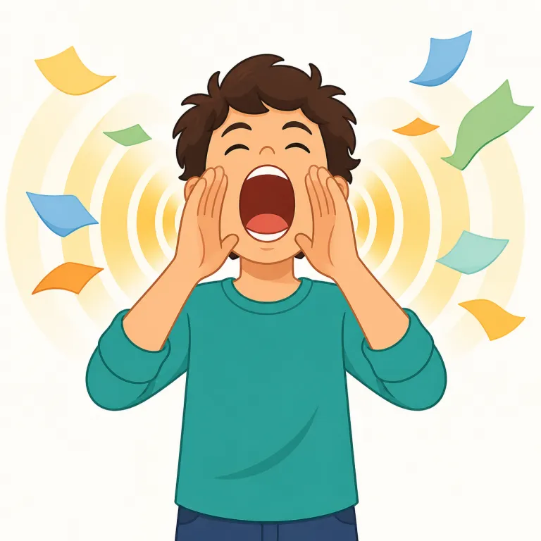 yawp（大声で叫ぶ・動詞）の覚え方イラスト — yell を知っていれば、その仲間で「もっと荒っぽく、がなる感じ」と置くと覚えやすい