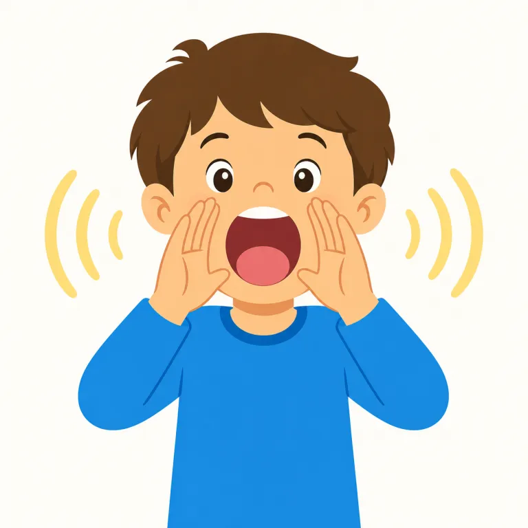 yell（叫ぶ・動詞）の覚え方イラスト — yell は「声量を上げる」だけでなく、声が勢いよく外へ向かう動作として覚えると自然です