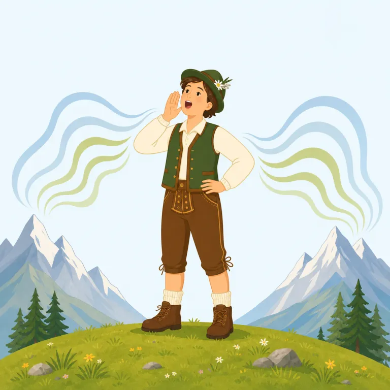 yodel（ヨーデルで歌う・動詞）の覚え方イラスト — まず "yodeling"（ヨーデルの歌唱）や "yodeler"（ヨーデル歌手）とセットで覚えると定着しやすい語です