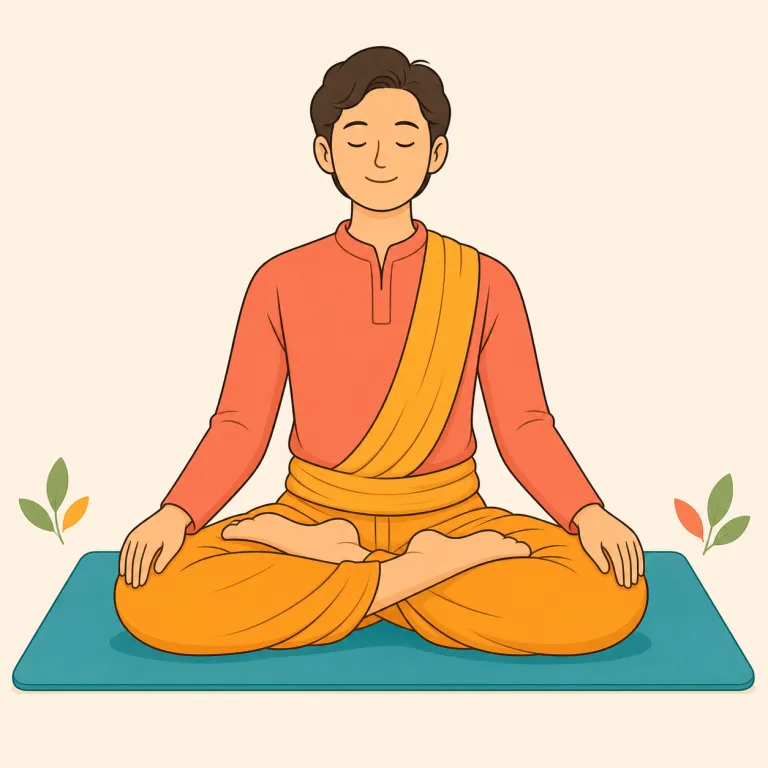 yogi（ヨガ行者・名詞）の覚え方イラスト — yogi は yoga と同じ語族で、ヨガを実践・修行する人を表す