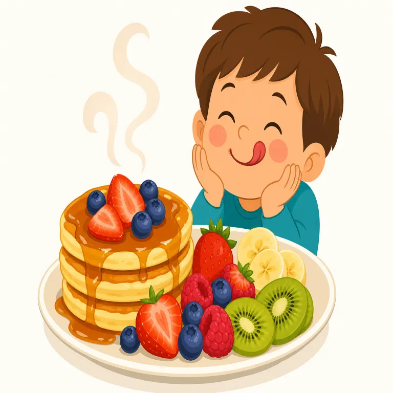 yummy（おいしい・形容詞）の覚え方イラスト — yummy はまず感嘆詞 yum!「おいしい！」と結びつけると覚えやすいです